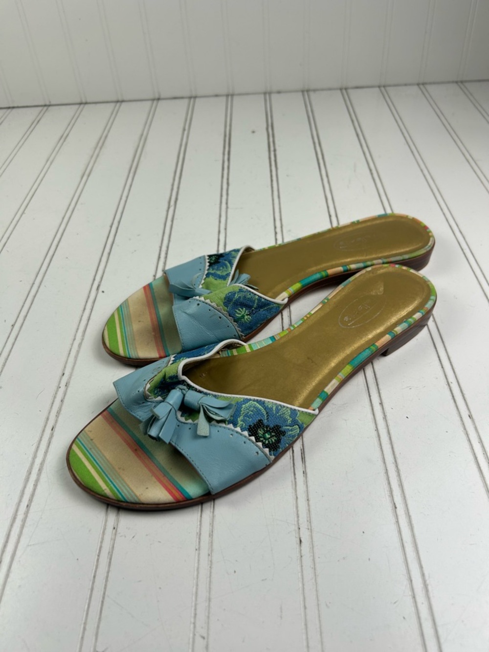 Talbots Slide Sandals Blue Leather Bow Stripe Floral Women’s Size 9.5 - Picture 4 of 8